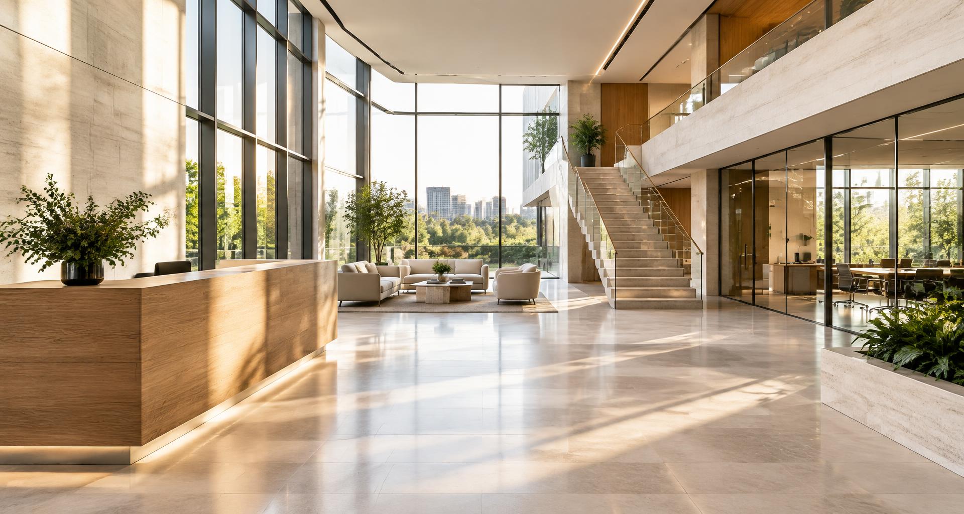 Bright modern commercial office with sunlit open workspace